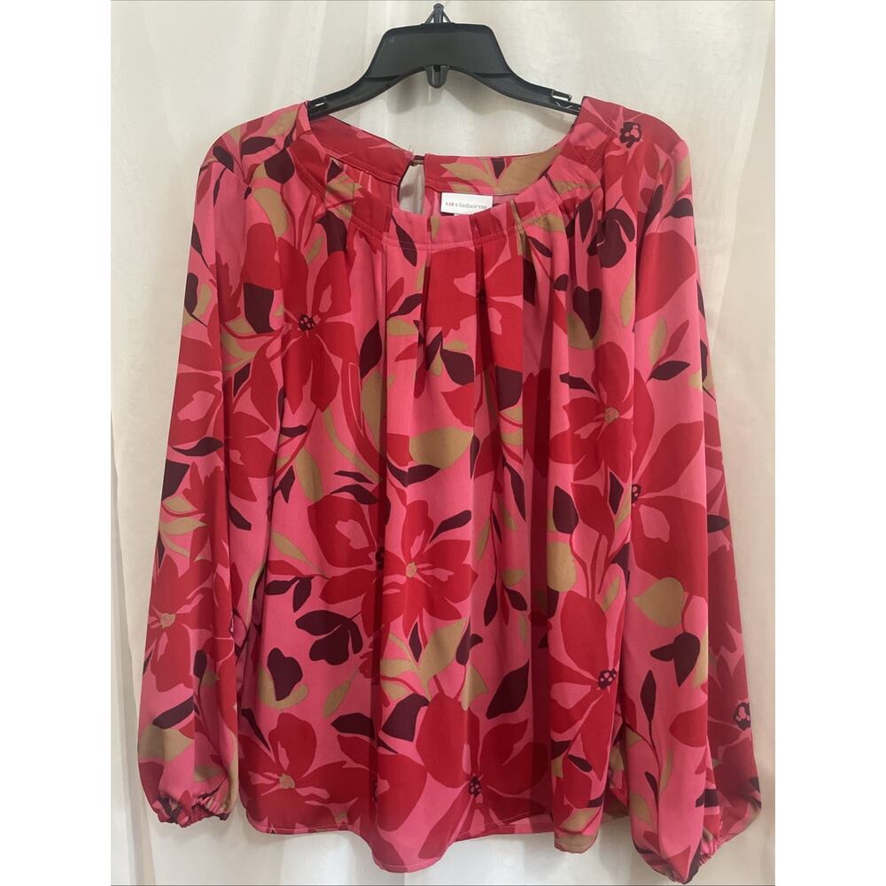 PXL NWT Liz‎ Claiborne Petite  Long Sleeve Floral Blouse Red Pink Colorful